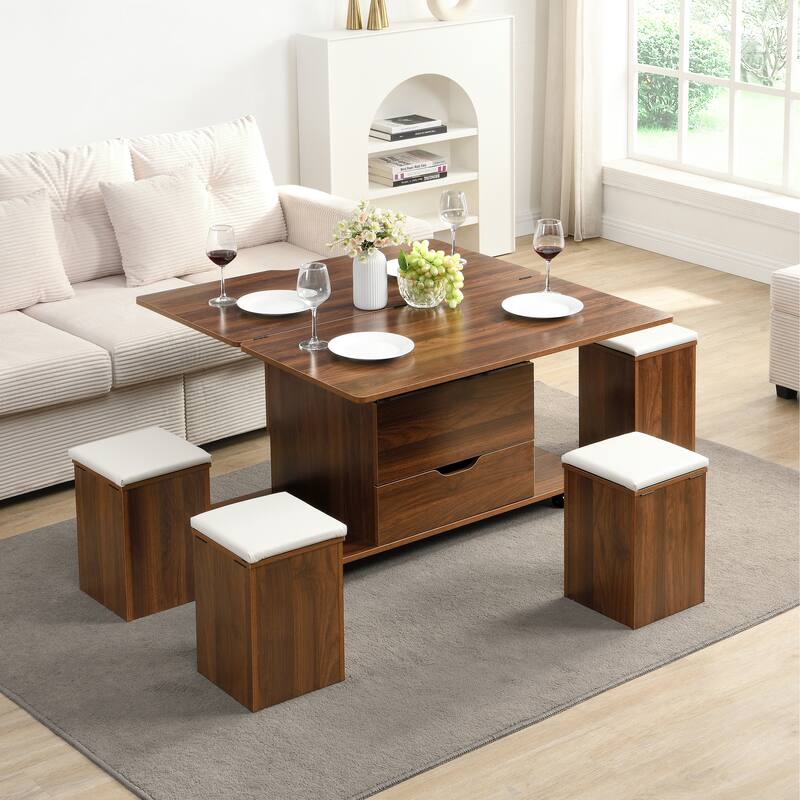 Lift-Top Coffee Table with Hidden Storage & 4 Stools - Multi-Functional Modern Center Table with Casters