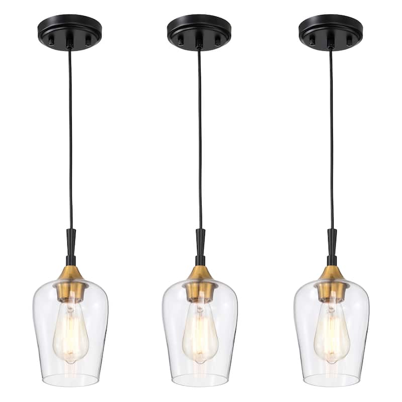 Black and Antique Brass 1-Light Modern Mini Pendant with Clear Glass Shade - 3-PACK