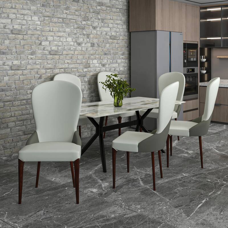 Havana Leather Upholstered Solid Wood Dining Chair Two-Tone Color Design Set of 4