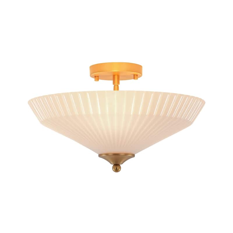 Mid-Century Scalloped Milky Glass Shallow Cone Semi Flush Light - 15.7 Inches