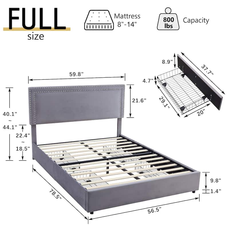 VECELO Upholstered Storage Bed Frames with 4 Storage Drawers Platform Bed Frame with Adjustable Velvet Rivets Headboard