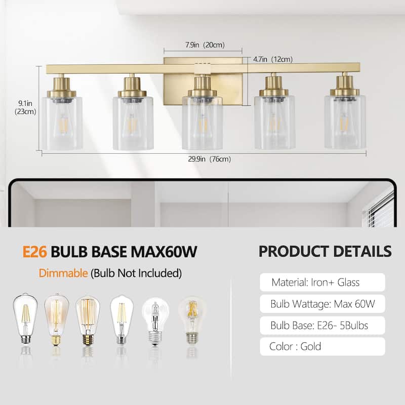 Golden 5-Light Vanity Light with Clear Glass Shades,Modern Iron Metal Bathroom Wall Fixture for Mirror(No Bulbs)