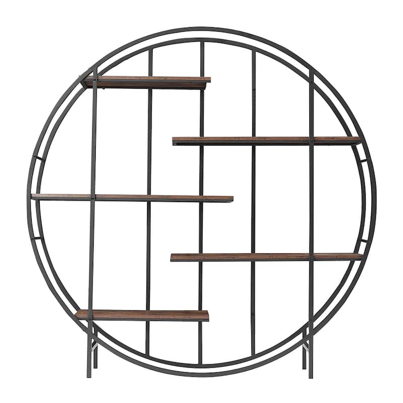 5-Tier Vintage Round Bookshelf Display Stand with Black Metal Frame