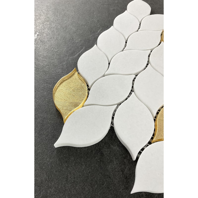 Thassos White Marble And Gold Glass Mosaic Wall Tiles - Case (10 Sheets)