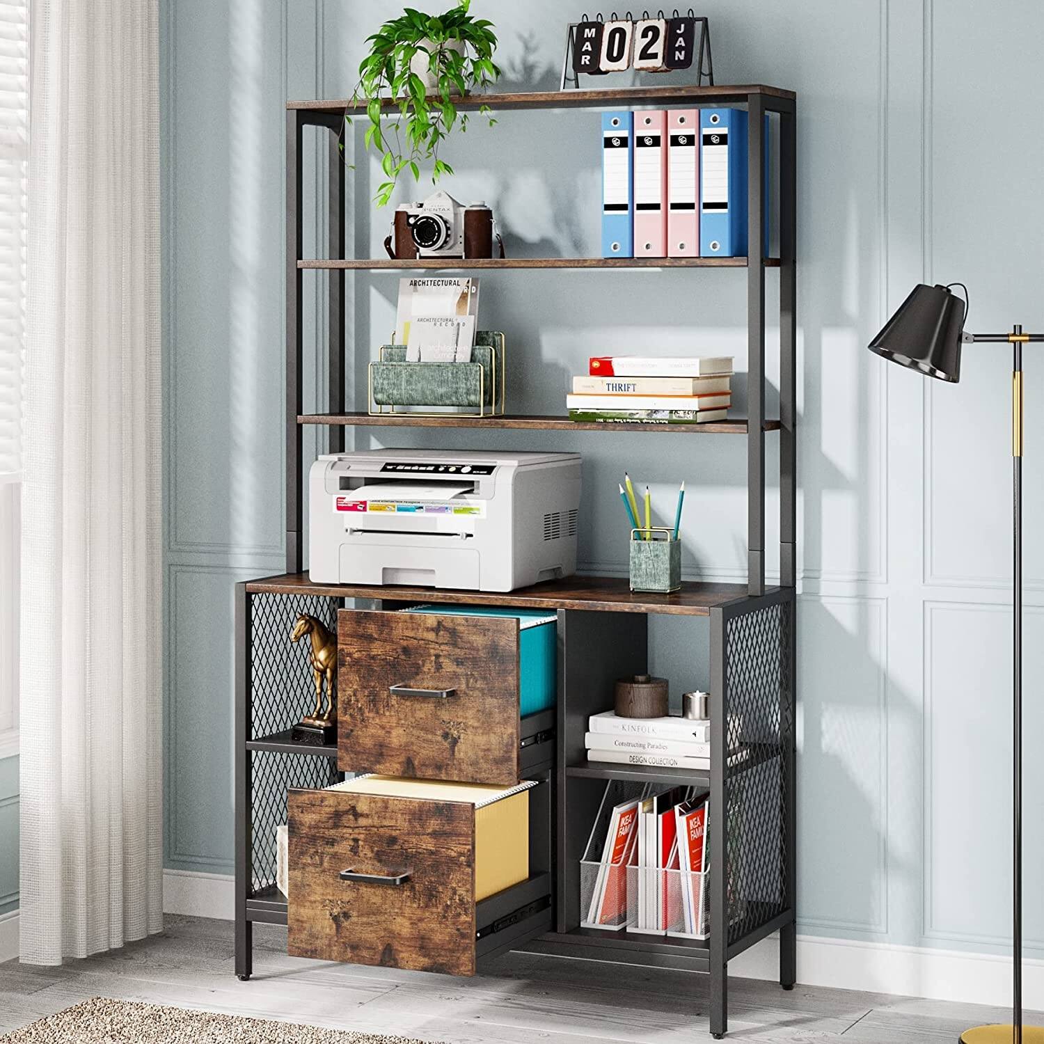 2 Drawer File with Bookshelf, 6Tier Tall Filing On