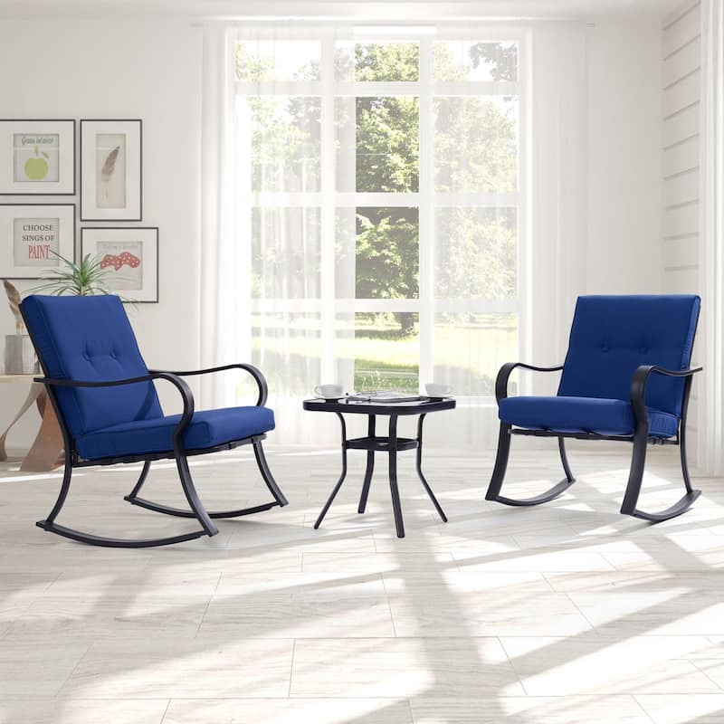 LIVOOSUN 3 Pieces Outdoor Bistro Sets With Table, Soft Cushions - Navy blue