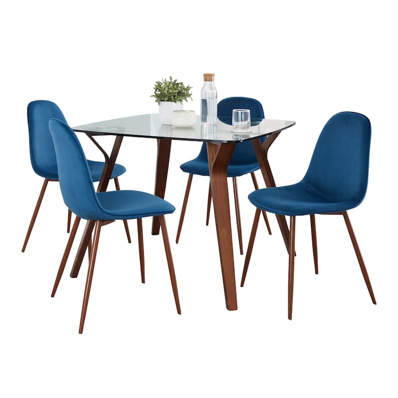Carson Carrington Sala Stone 5-Piece Square Dining Set - Blue Velvet/Clear Glass/Walnut Wood