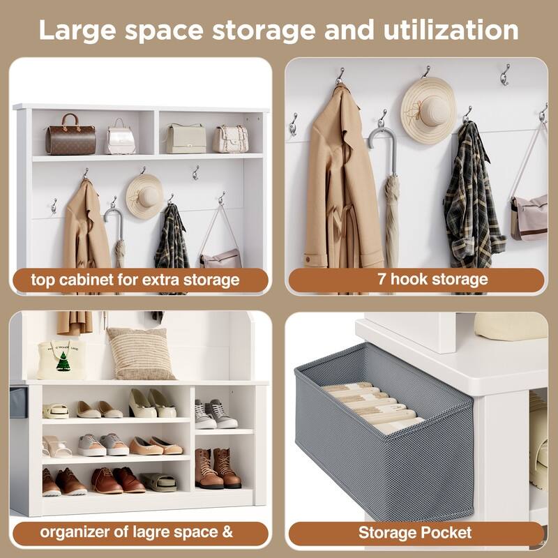 39.37'' W Hall Tree, 3 in 1 Entryway Bench with Coat Rack and Shoe Storage