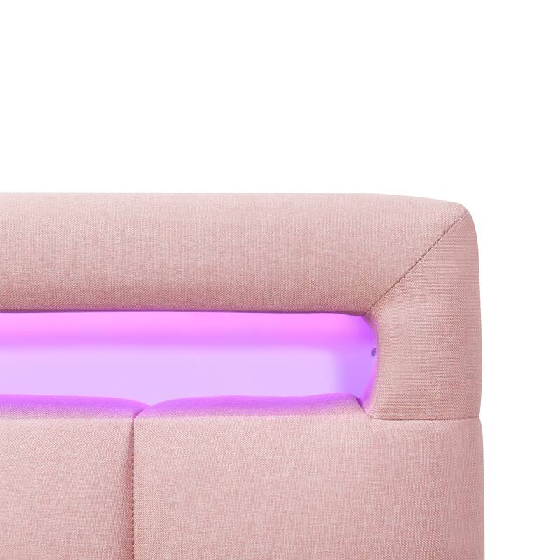 Queen Size Upholstered Platform Bed with LED Frame, with Twin XL Size Trundle and 2 drawers, Linen Fabric, Pink