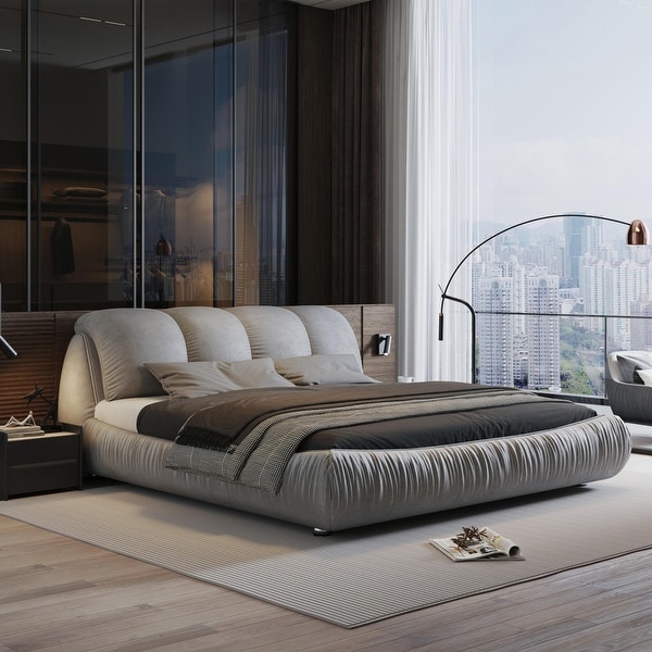 Queen King Size Upholstered Platform Bed with Oversized Padded Backrest Modern Bed Frame with Thickening Pinewooden Slats On Sale Bed Bath Beyond 39008670