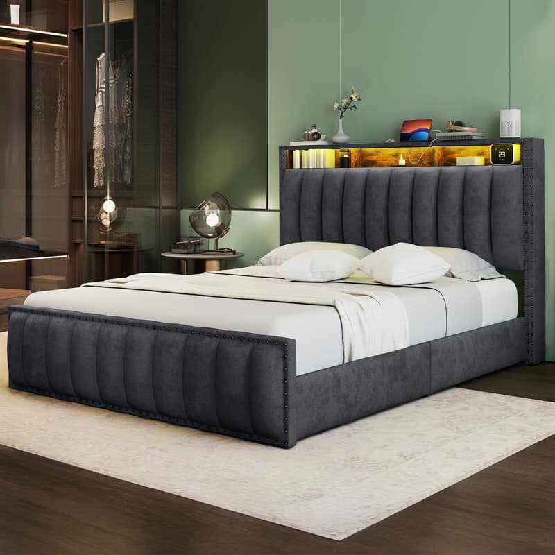 Full / Queen / King Size Platform Bed Frame with Upholstered Storage Headboard and 4 Drawers