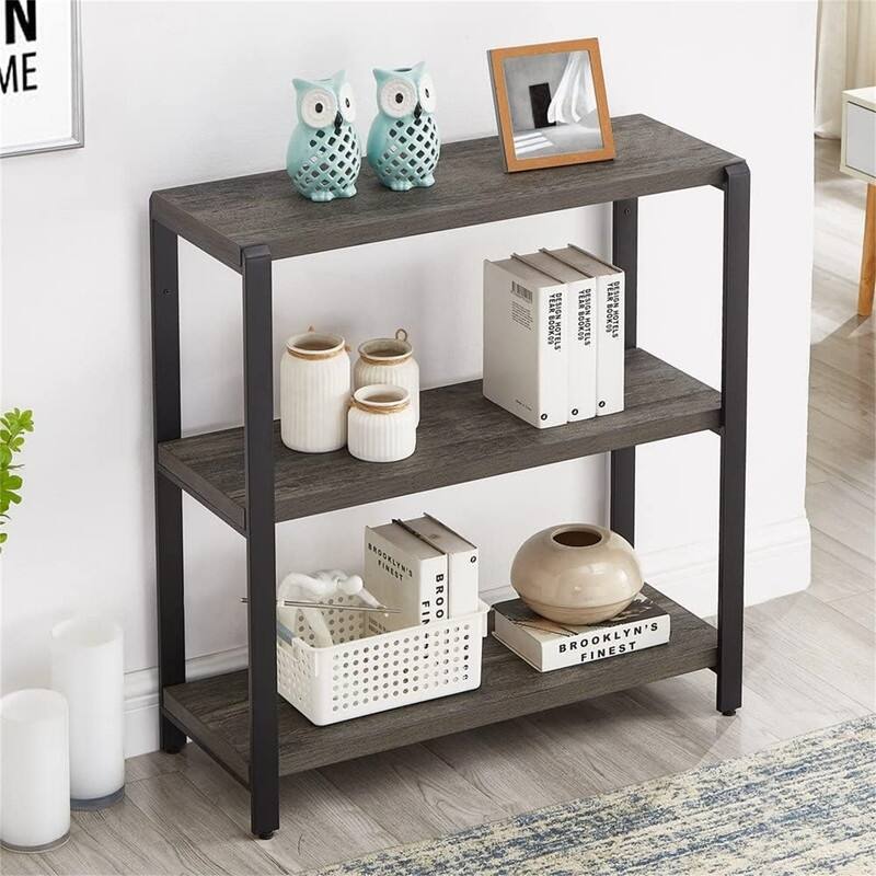 Bookshelf and Bookcase 3 Tier Vintage Shelf for Office - 12"D x 31.4"W x 34.1"H - Grey