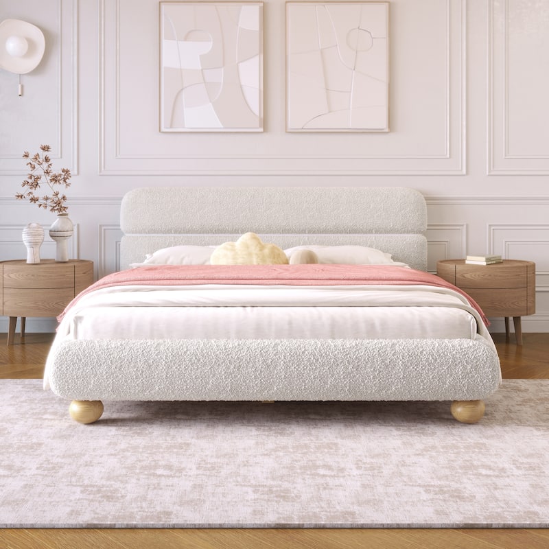 Queen Size White Upholstered Bed Curve-Shaped Frame Teddy Fleece Boucle Fabric Low Profile Platform Bed for Bedroom