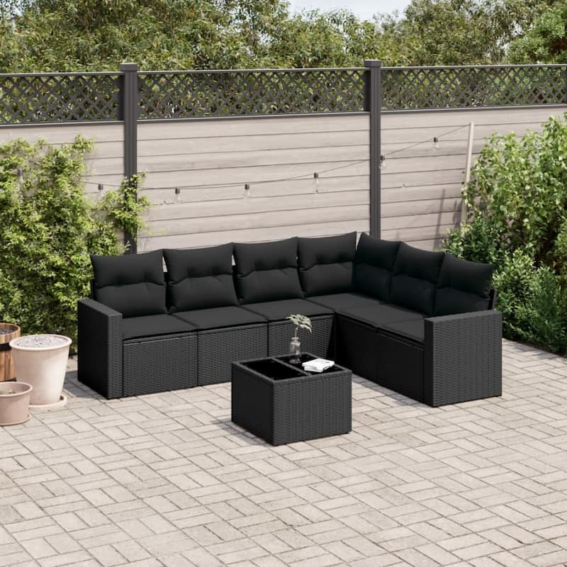 vidaXL 7/8 Piece Patio Sofa Set with Cushions Black Poly Rattan - 21.7" x 24.4" x 27.2" - Black and blue-Without table