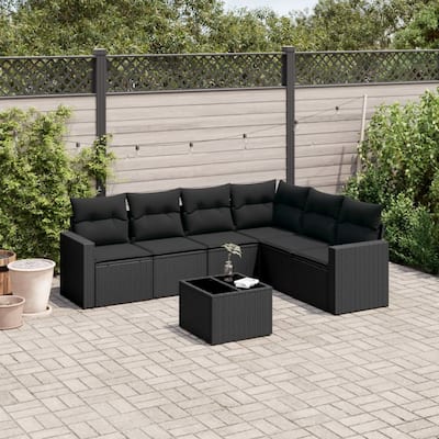 vidaXL 7/8 Piece Patio Sofa Set with Cushions Black Poly Rattan - 21.7" x 24.4" x 27.2"
