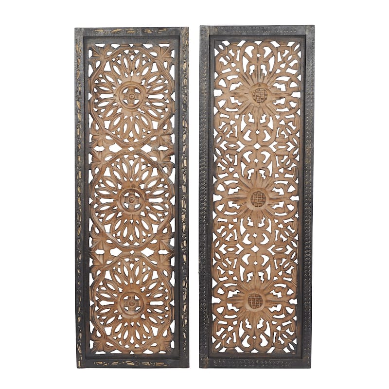 Wood Floral Handmade Intricately Carved Home Wall Decor - Set of 2 Brown - Roche River Decor
