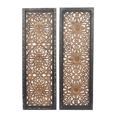 Wood Floral Handmade Intricately Carved Home Wall Decor - Set of 2 Brown - Roche River Decor