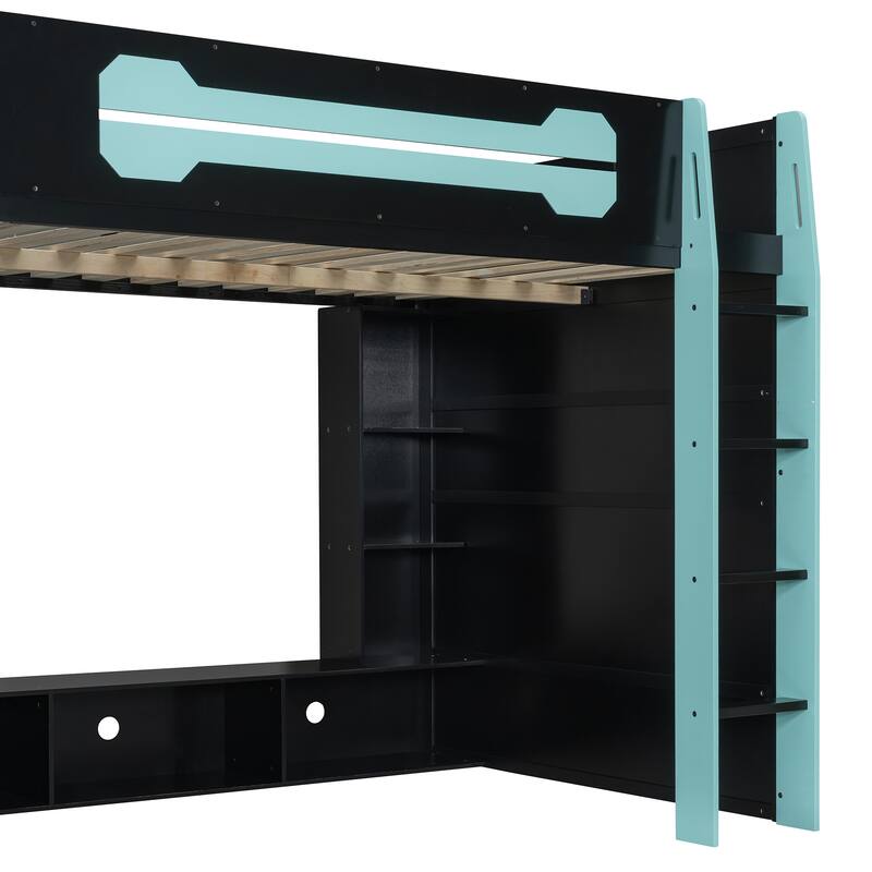 Full Size Wood Loft Bed with Desk, Multi-storage Shelves and RGB Light, Red