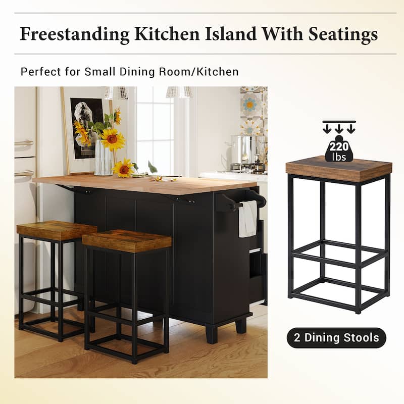 Kitchen Island Set with Drop Leaf & 2 Stools, Freestanding Wood Kitchen Island, Dining Table Set with Cabinet & 4 Drawers