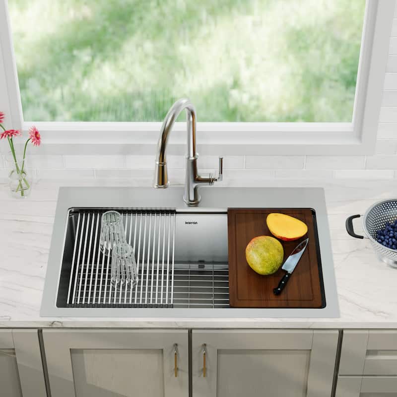 Karran Elite WST-26-PK1 Top Mount 33" Single Bowl Stainless Steel Workstation Kitchen Sink with Right Drain