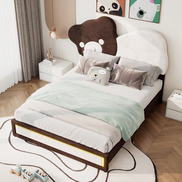 slide 2 of 9, Upholstered Platform Bed with Bear Shaped Headboard, LED Light Strips Full