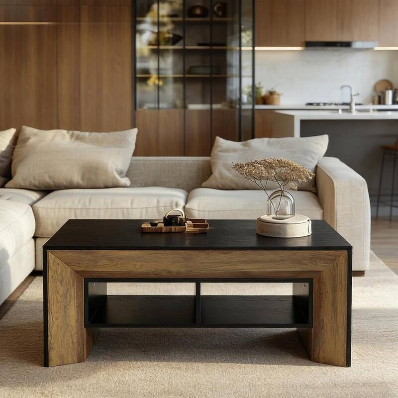 Rectangular Coffee Table with 2-Tier Storage, Modern Wood Center Table for Home Living Room
