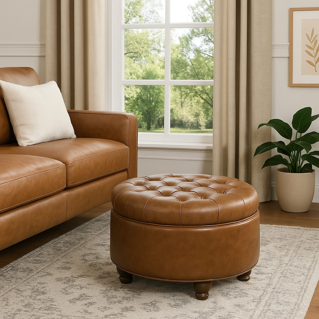 Gery Accent Storage Ottoman, 25 Inch Round Tray Top Brown Faux Leather