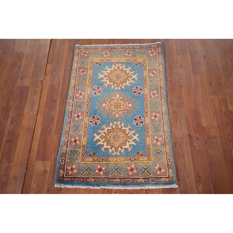 Blue Geometric Kazak Foyer Rug Hand-Knotted Oriental Wool Carpet - 2'0" x 3'1"