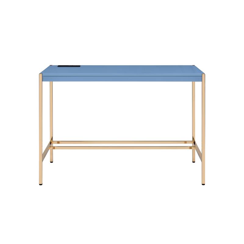 Contemporary Writing Desk with USB Charging Port, High Gloss Finish and Metal Base for Home Office or Study