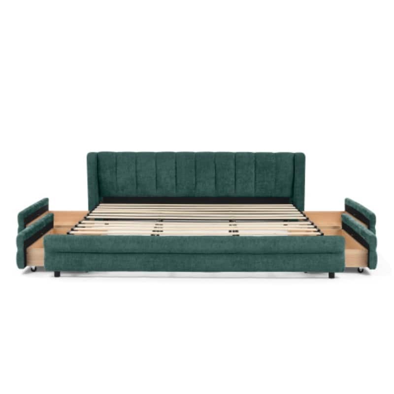 King Upholstered Bed Frame with Storage Drawer, Thick Padded Headboard & Solid Frame in Chenille Fabric