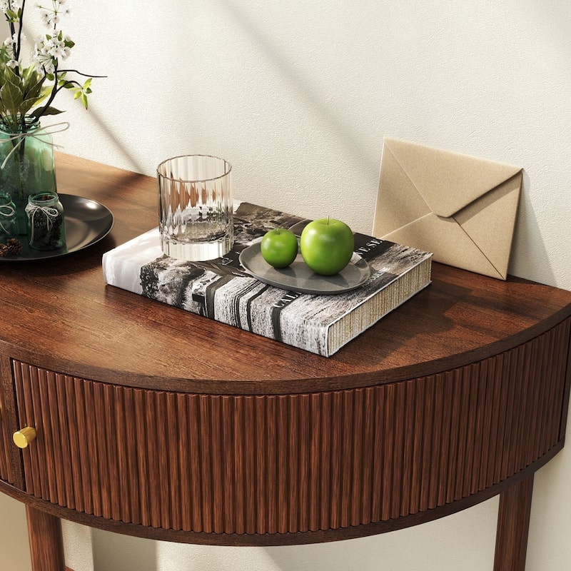 Half Moon Design End Table with Sliding Rattan Door
