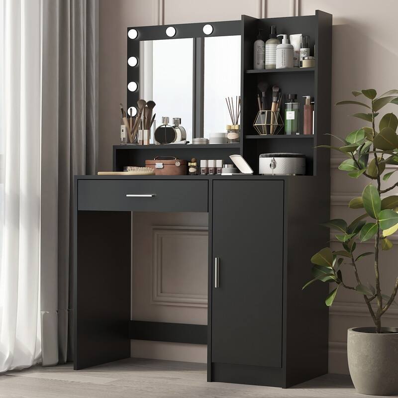Vanity Dresser with Mirror Set Storage Drawers Luxury Furniture - Black