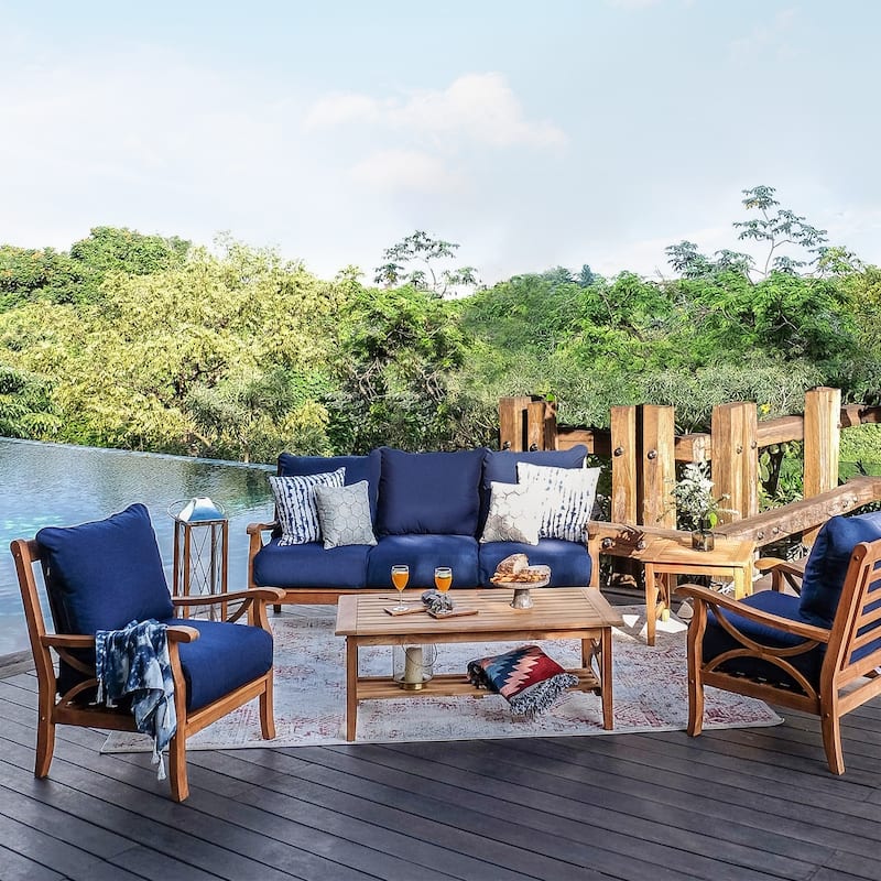 Cambridge Casual Lowell 5-piece Teak Wood Outdoor Conversation Set - Natural Teak/Navy Cushion