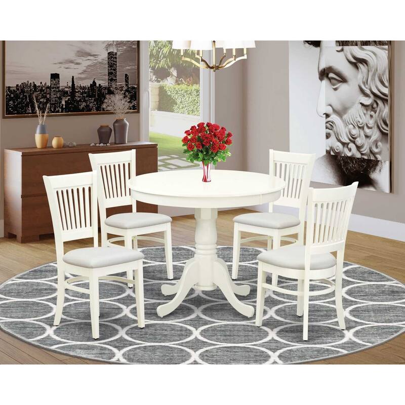 HomeStock 5-Piece Linen White Finish Solid Wood Top Dining table with 4 Chairs with Slat Back