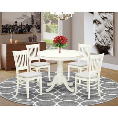 HomeStock 5-Piece Linen White Finish Solid Wood Top Dining table with 4 Chairs with Slat Back