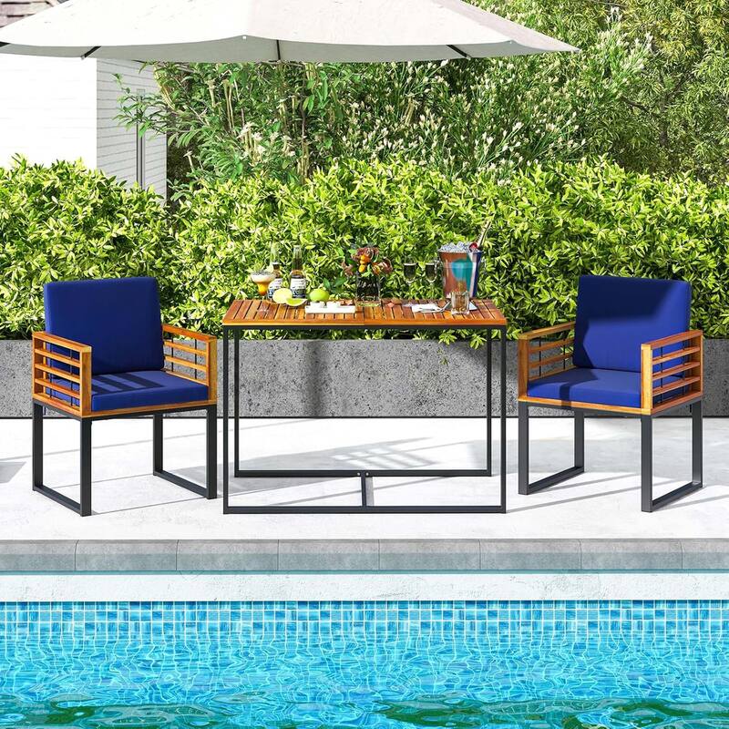 3 PCS Outdoor Dining Set Acacia Wood Armchairs w/Dining Table