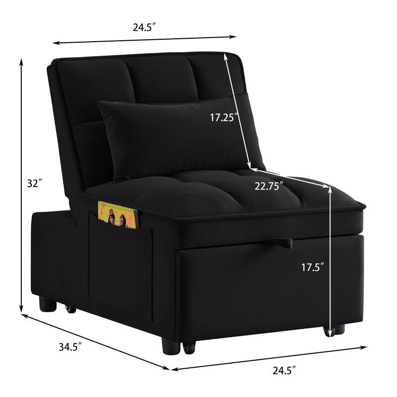 3 in 1 Convertible Sleeper Sofa Chair,Velvet Tufted Pull Out Couch Bed with Adjustable Backrest and Pillow