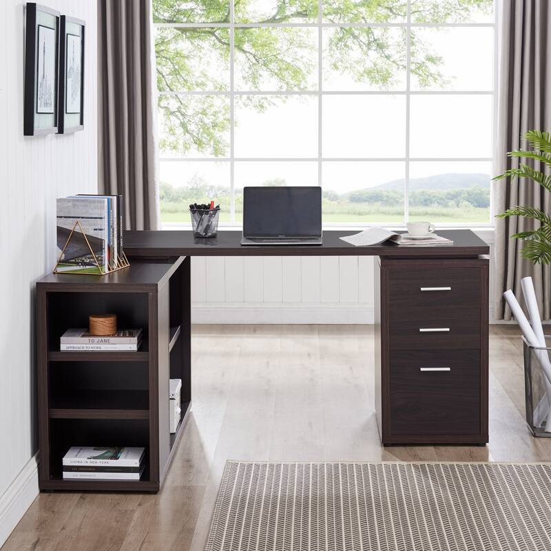 Executive L-Shaped Desk with Drawers, Large Modern Computer Desk with Storage Drawers, File Storage Desk for Home Office