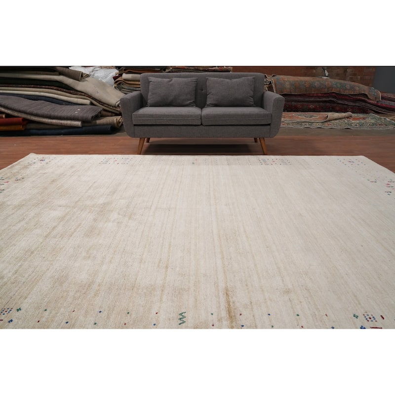 Hand Knotted Oriental Viscose Silk Carpet Tribal Animal Pictorial Beige & Ivories Gabbeh Area Rug - 11' 9'' X 8' 10''