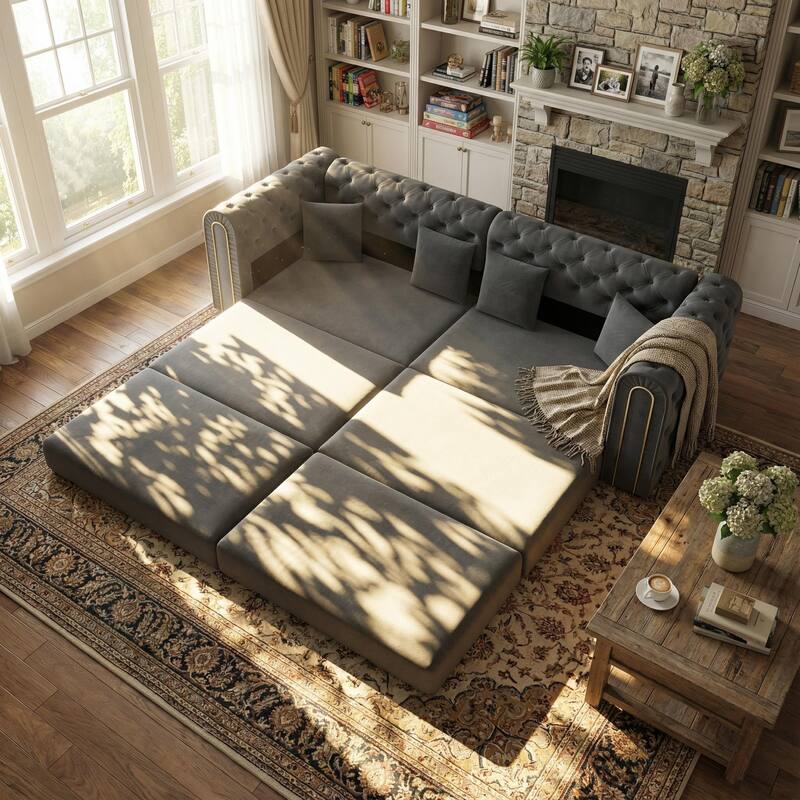 Homy Casa 90.6" 3-in-1 Convertible Sleeper Sofa with Button Tufted & Gold Trim, Movable Ottoman