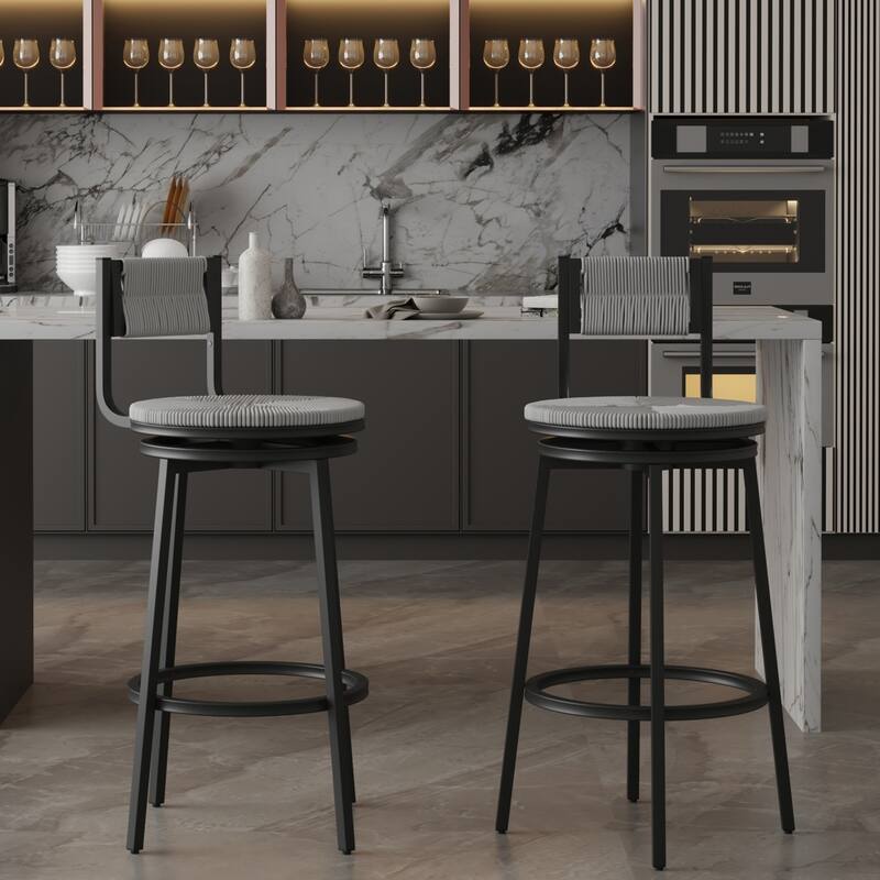 Swivel Counter Height Bar Stools Set of 2, Bar Height Stools, Paper Rope Woven Bar Stools, Farmhouse Island Chair w/ Metal Frame