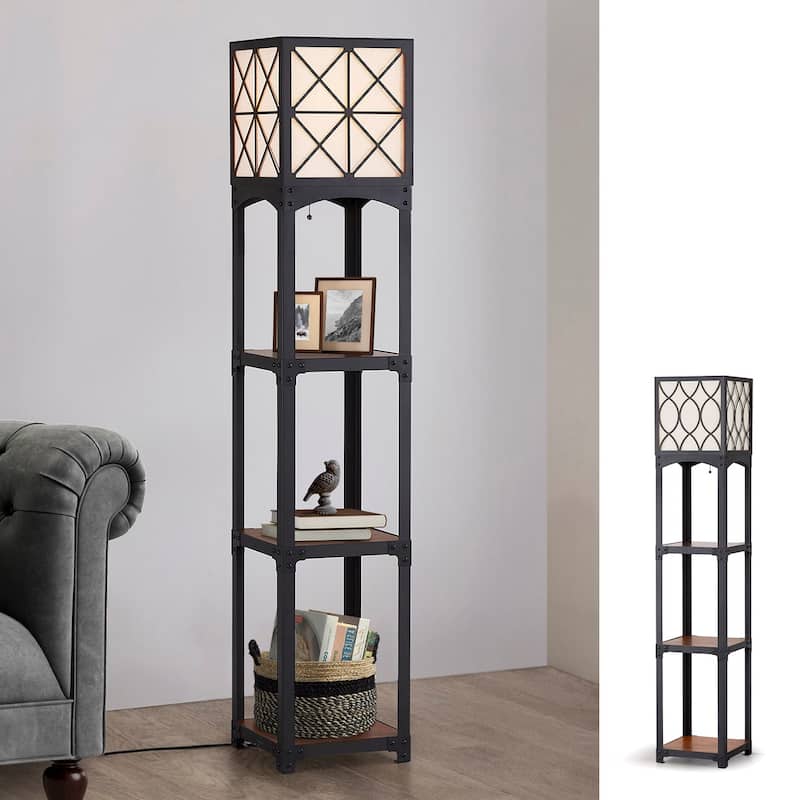 64"H Vintage Iron with Wood Shelves and Laser Cut Metal Shade Floor Lamp