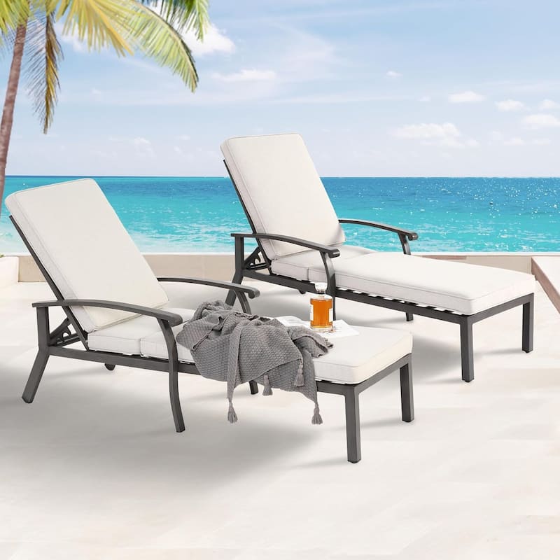 HOMEFUN Outdoor Aluminum Reclining 5-Position Adjustable Backrest Chaise Lounge(set of 2) with Cushion - Beige