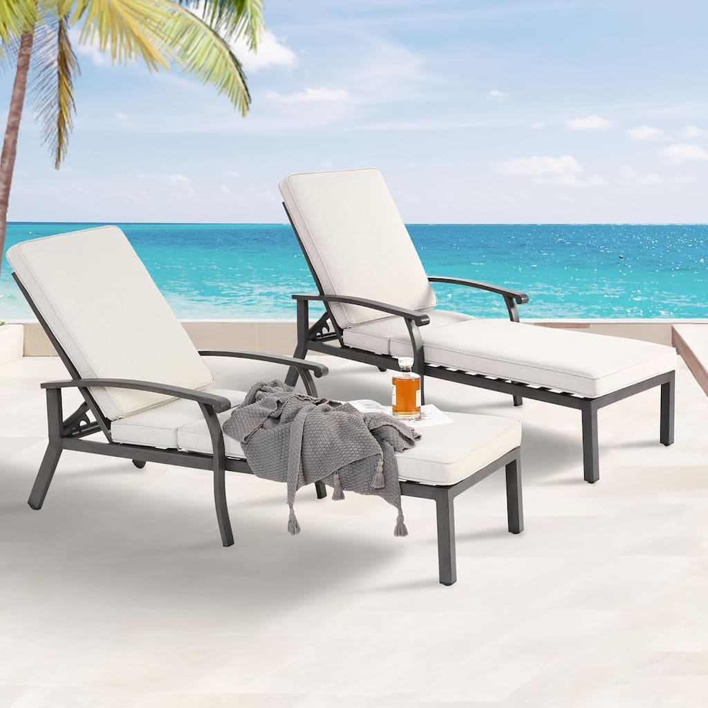 Outdoor Aluminum Reclining 5-Position Adjustable Backrest Chaise Lounge(set of 2) with Cushion