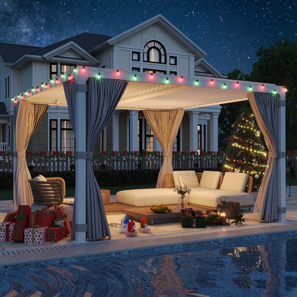 EROMMY 10x10 Adjustable Metal Roof Pergola with Curtains and Netting, Outdoor Hardtop Gazebo for Patio