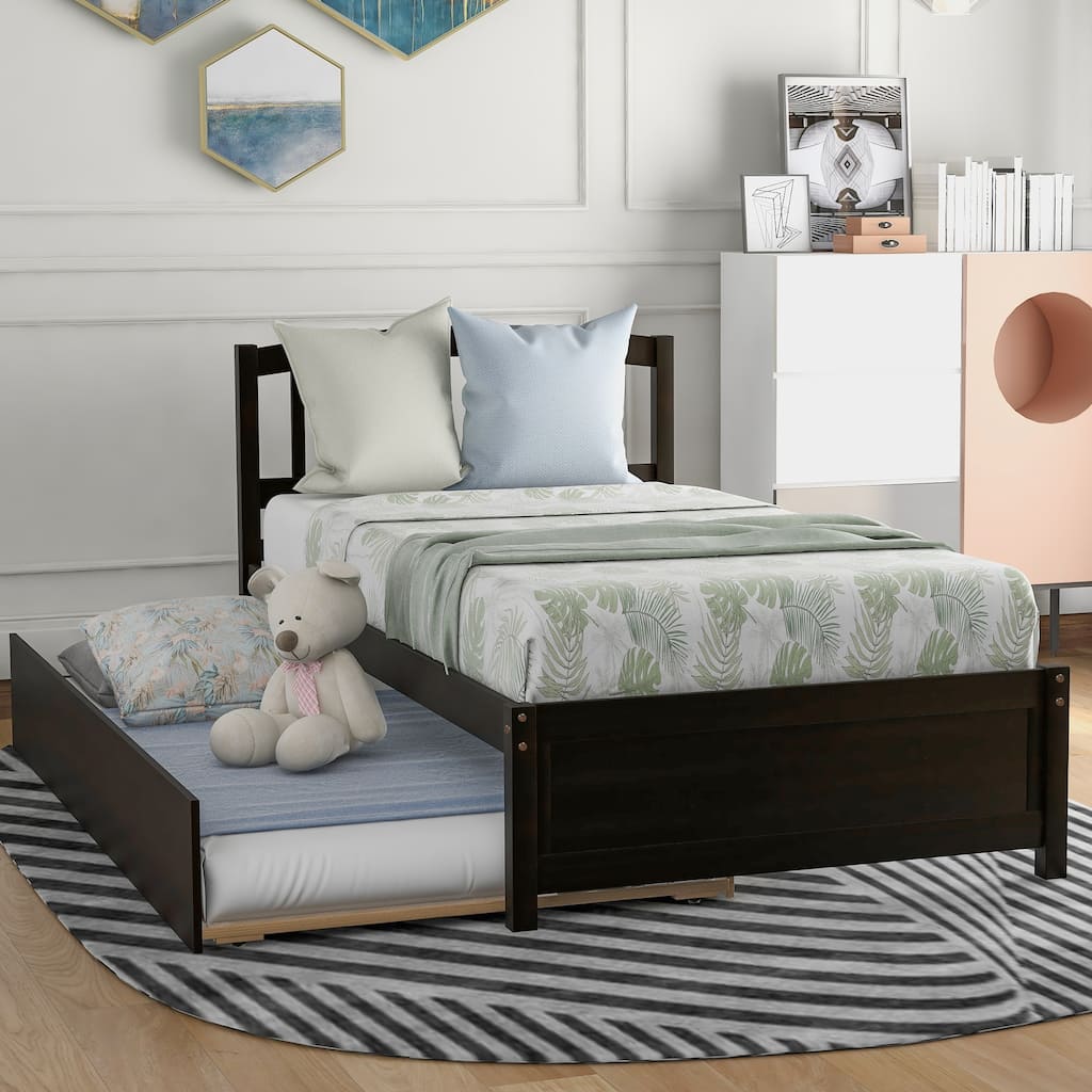 Twin Size Wood Platform Bed Frame with Trundle, Minimalist Design, Solid Pine Construction, Espresso Finish