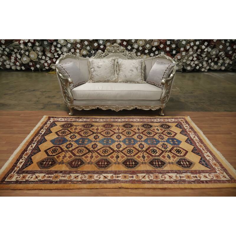 Hand Knotted Oriental 100% Wool Carpet Traditional Tribal Yellow & Gold Shiraz Area Rug - 8' 3'' X 5' 9''