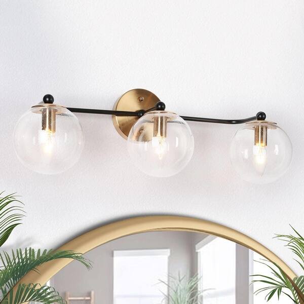 slide 2 of 11, Modern 3-Light Black Gold Bathroom Vanity Light Fixture with Globe Glass - 24.5" L x 7.5" W x 8" H Black/ Gold
