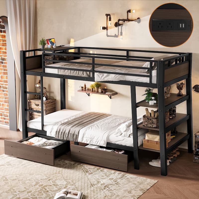 Full/Twin Metal Bunk Bed with Storage Shelves & USB Ports - Black - Twin