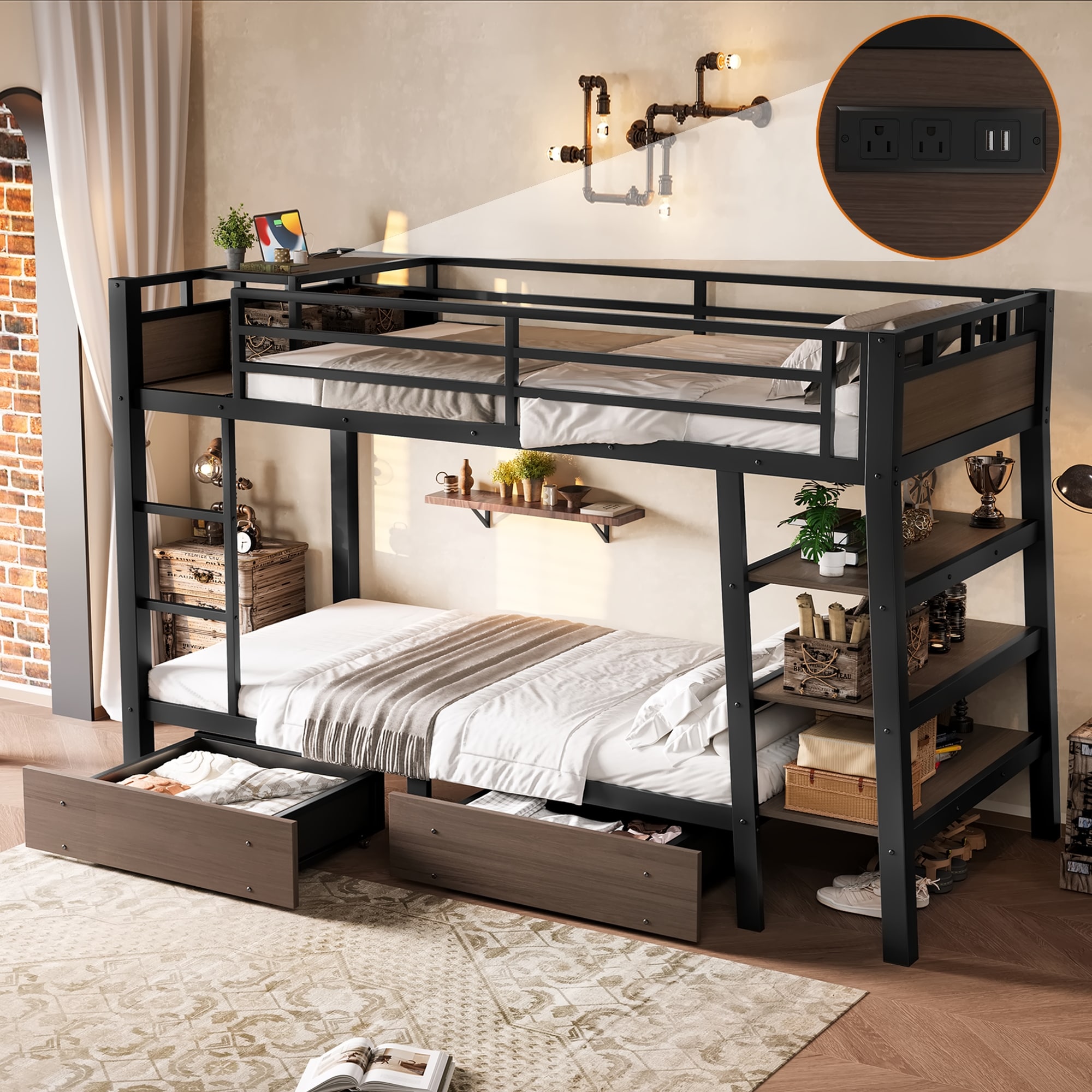 Full/Twin Metal Bunk Bed with Storage Shelves & USB Ports